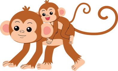 cute mother monkey with baby monkey holding mother monkey's back, funny monkey cartoon character illustration