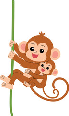 cute mother monkey with baby monkey holding mother monkey's back climb a vine in jungle, funny monkey cartoon character illustration