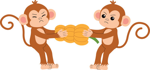 cute monkey pull back and forth with friend, funny monkey cartoon character illustration