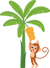 playful monkey try to picking up banana, funny monkey cartoon character illustration