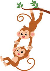 playful monkey holding branch with feet and play with friend, funny monkey cartoon character illustration