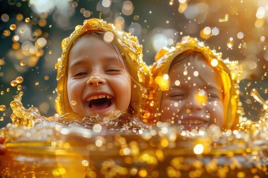 Happy children wearing yellow raincoats playing and splashing in a honey puddle