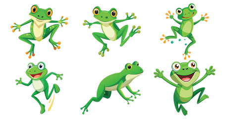 Cartoon frogs jumping and smiling isolated on white background