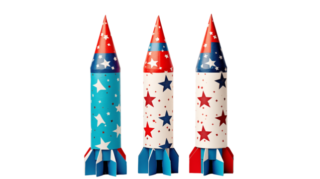 Festive Patriotism Rockets: Red Blue White Star Design