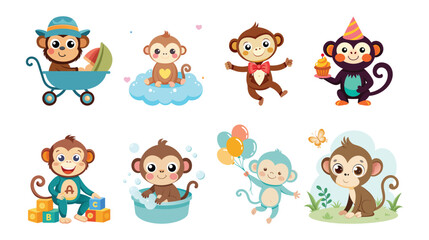 Collection of adorable cartoon monkeys in various playful poses isolated on white background