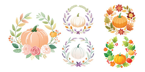 Collection of autumn wreaths with pumpkins and floral elements