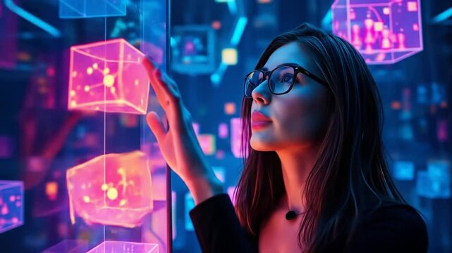 Woman with glasses interacts with metaverse, blockchain technology in futuristic neon environment. Touching digital cube, virtual world experience. 4k video