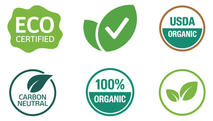 A set of organic eco bio labels with green leaf symbols, natural food badges, and recycle design elements