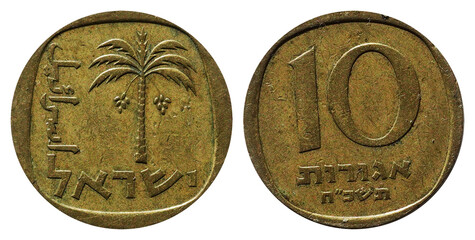 Ten Agorot 1962, Coin from Israel, the coin shows Date palm tree and Hebrew 10, It's made of...