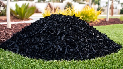 Black Mulch Landscape Material Heap on Green Grass