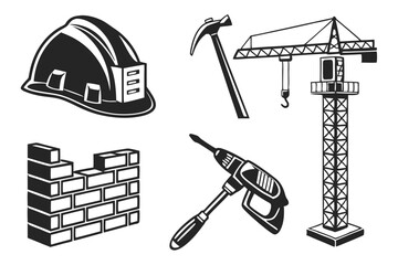 Construction tools and building elements isolated on white background