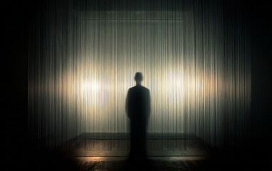 Silhouette of a person in a room with a curtain.