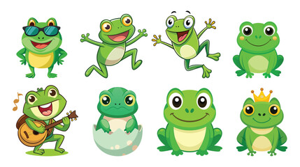 Obraz premium Collection of colorful cartoon frogs with foliage isolated on white background