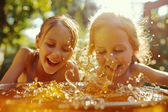 Two happy girls splashing and playing with water in a sunny garden