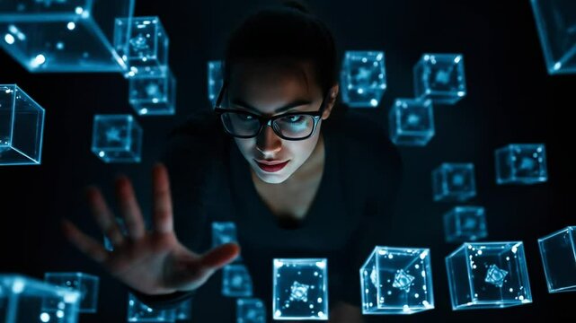 Woman with glasses interacts with metaverse, blockchain technology in futuristic neon environment. Touching digital cube, virtual world experience. 4k video