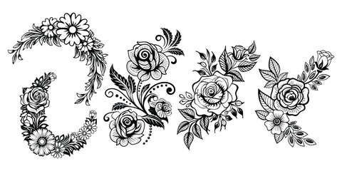 Collection of floral design vector illustrations isolated on white background
