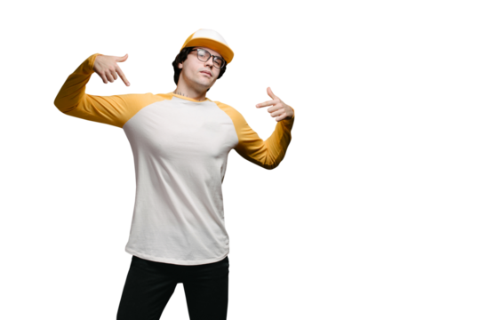 Man model with beard wearing white and yellow blank Long Sleeve Shirt for mock up and a baseball cap with space for your logo - Powered by Adobe