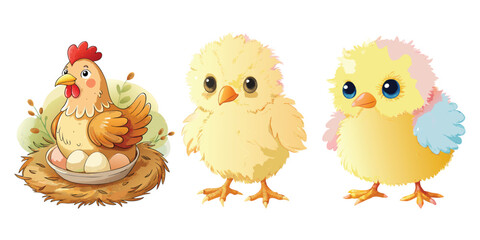 Cute cartoon chicken and chicks in a nest and standing isolated
