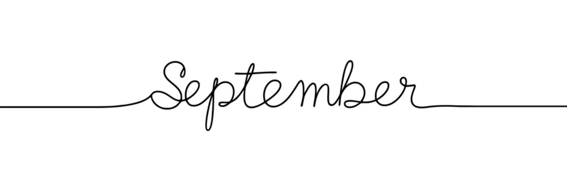 September month continuous one line drawing with word. Minimalistic drawing of phrase illustration.