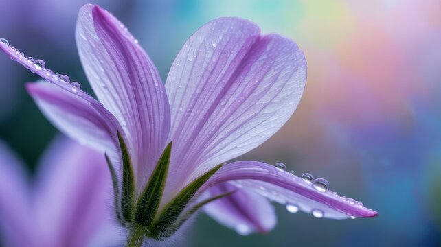 Elegant close-up of dew-kissed pink petals against vibrant bokeh background