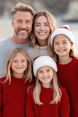 Obraz premium Family portrait featuring smiling parents and children wearing festive red sweaters and Santa hats, celebrating Christmas with joy and warmth in a cheerful outdoor setting