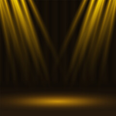 Collection of dramatic spotlight stage scenes with bright golden beams and subtle smoky atmosphere. Great for templates, theater promotions, award event posters or studio mockups.