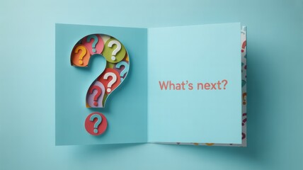 Colorful question marks and what's next text on blue background