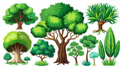 This artistic tree collection features green trees in various forms, each isolated on a clean white background. Different kinds appear gracefully, creating a visual journey through botanical beauty an