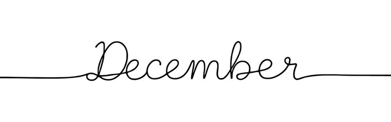 Fototapeta premium December month continuous one line drawing with word. Minimalistic drawing of phrase illustration.
