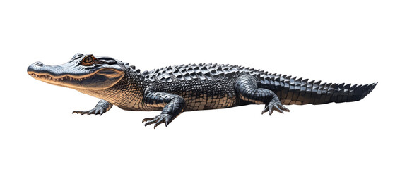 Naklejka premium Crocodile sunbathing on riverbank nature photography close-up view wildlife conservation concept