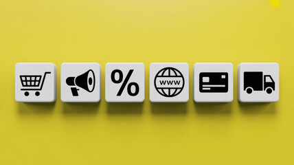 A yellow background with a white cube that says "shopping" on it. There are other cubes with different symbols on them, such as a truck, a credit card, and a website