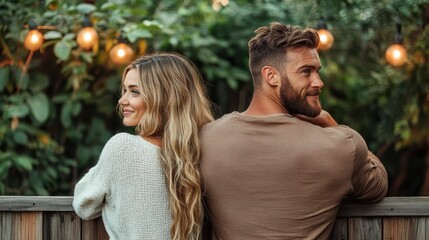 Fototapeta premium This romantic image captures a couple sitting back to back in a lush garden, connected by a soft smile and surrounded by gentle lighting, evoking feelings of love and intimacy.