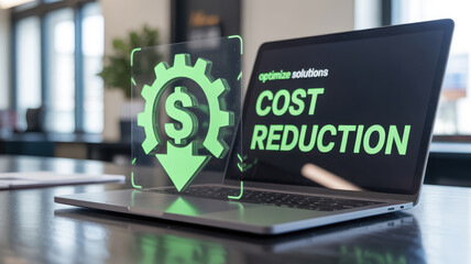 A laptop with a green gear and a dollar sign on it. The dollar sign is pointing down, indicating a cost reduction