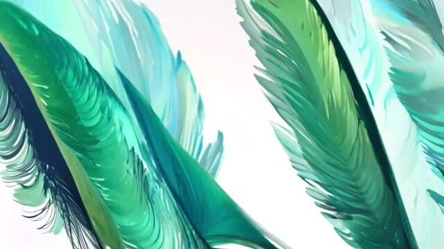 A repeating pattern of feathers with a watercolor effect blending hues of green and blue to evoke a sense of nature and fluidity