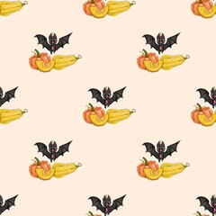 Halloween seamless background with pumpkins and bat