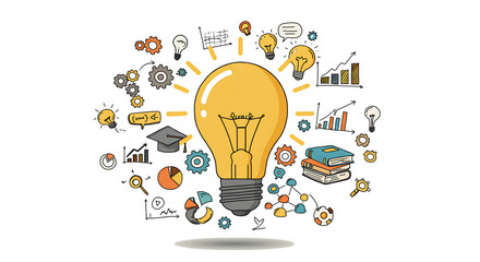 Visual Metaphor of Ideas and Knowledge Creative Arrangement of Education Symbols and Business Icons Surrounding a Glowing Lightbulb on a Black Backdrop