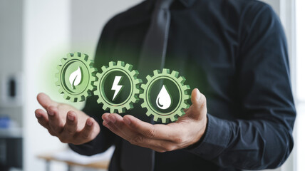 A man is holding a green gear with a green leaf on it. Concept of sustainability and environmental consciousness