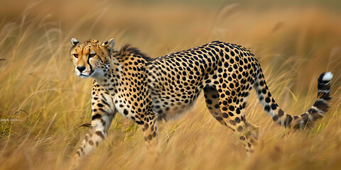Fototapeta premium Cheetah gracefully striding through tall grass with spotted coat and sleek form against golden backdrop