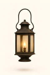 Fototapeta premium Vintage Bronze Lantern with Lit Candle and Glass Panels – Antique Metal Design Casting Warm Glow on Light Beige Background, Featuring Dome Top, Handle, and Cozy Ambience