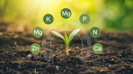 A plant is surrounded by a circle of minerals and vitamins. The circle is divided into sections, each of which contains a different mineral or vitamin