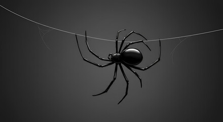 Black spider dangles from shiny web strand