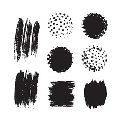 Rectangular composition of ink stencil brush strokes and grunge lines featuring scattered paint splashes and drop effects, perfect for text highlights, callouts, or bold visual accents. Includes dirty