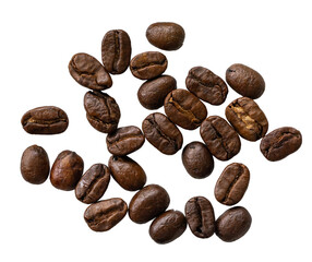 Close up of coffee beans roasted. Fresh dark brown coffee beans or many roasted coffee beans. Roasted coffee beans pile. Png transparency 