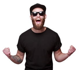 Man with beard wearing black blank t-shirt with space for your logo or design