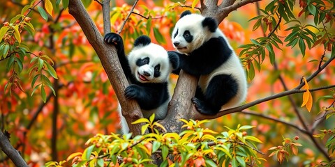 Obraz premium Two playful panda cubs climb a tree, their black and white fur contrasting against vibrant foliage, panda cub, adorable