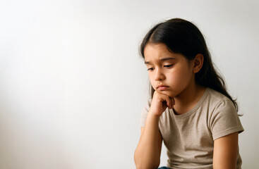 Fototapeta premium Portrait of a melancholic Latina girl sitting quietly, resting her chin on her hand with a thoughtful, pensive, and sad expression.