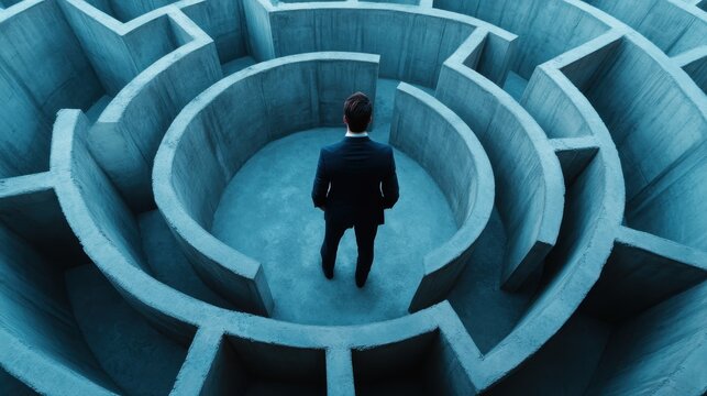 A solitary businessman stands at the center of a vast concrete maze, symbolizing the challenges and complexities of making decisions in modern professional life.