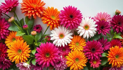 Vibrant handmade chrysanthemum flower wall, red, orange, pink, purple, green, white ,  summer,  composition