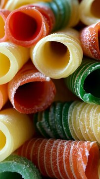 Selective focus. Smooth paccheri tubes stacked neatly for Italian cuisine