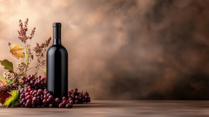 A sophisticated wine bottle rests gracefully amid grapes and autumn leaves, symbolizing luxury, craftsmanship, and the enjoyment of fine beverages in an artistic setting.